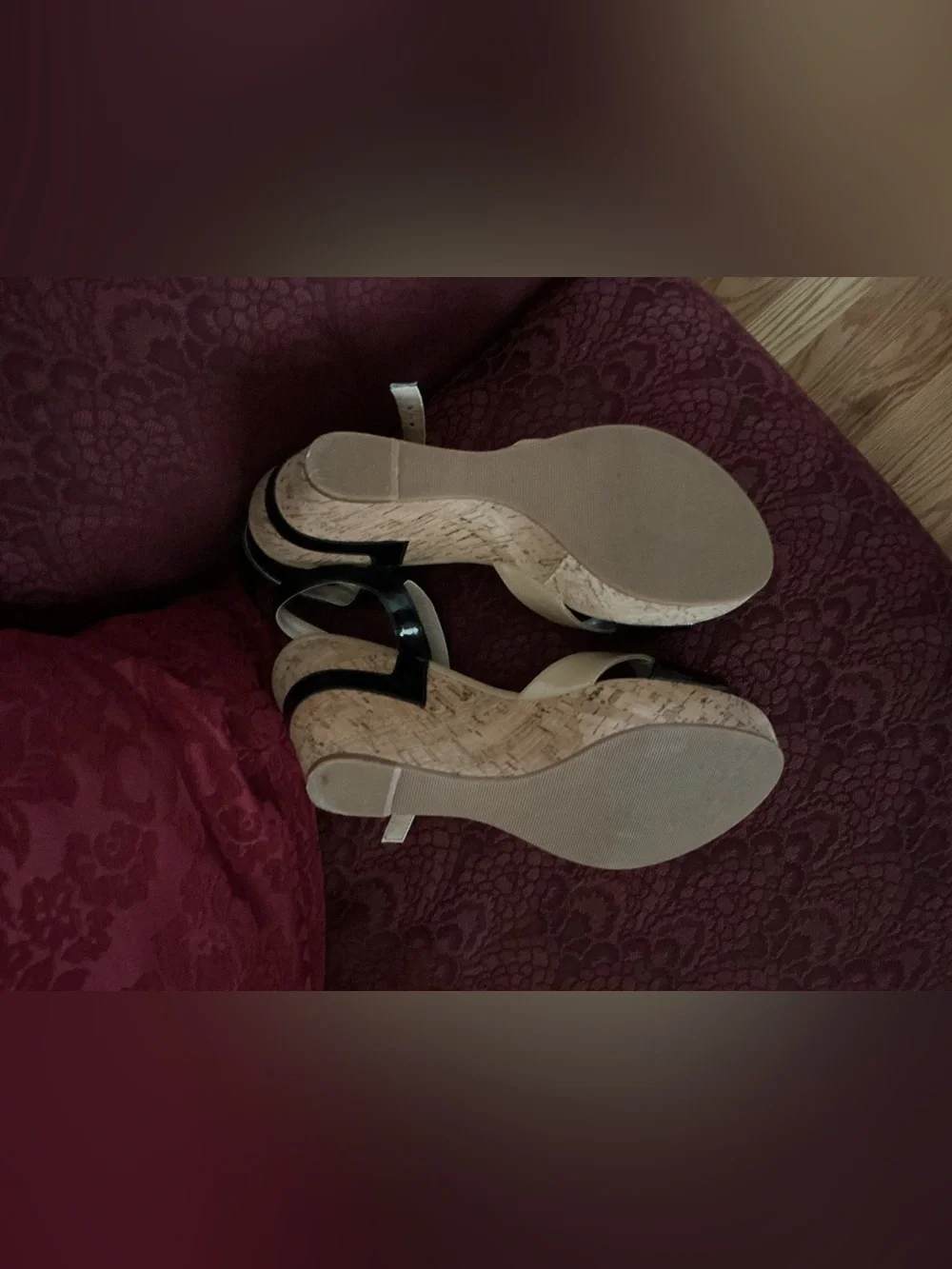 Guess Black Patent and Beige Cork Wedge Sandals